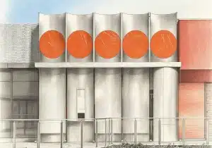 Sketch showing geometric metal facade systems used to translate brand identity into architectural design