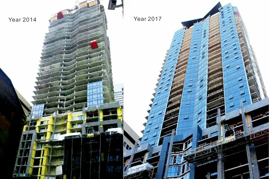 أنظمة الواجهات الزجاجية القياسية (الكيرتن وول) - مشروع TOM Condos قبل وبعد تنفيذ الواجهة